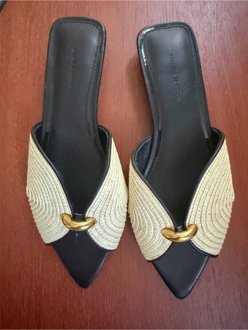 Rebecca Minkoff Black and Natural Straw Slide Sandals
